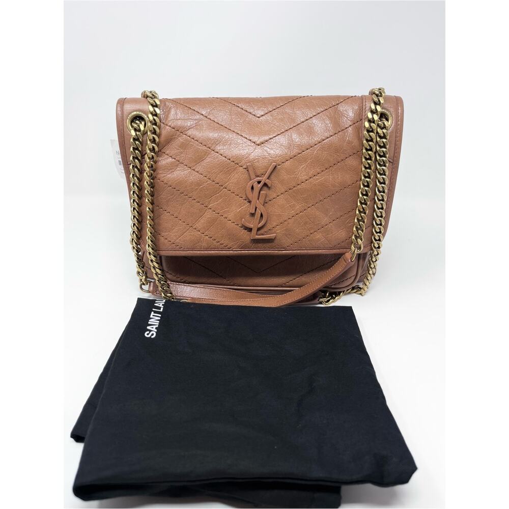 NEW Saint Laurent Medium Niki Vintage Leather Light Caramel YSL Logo Chevron - Picture 2 of 9